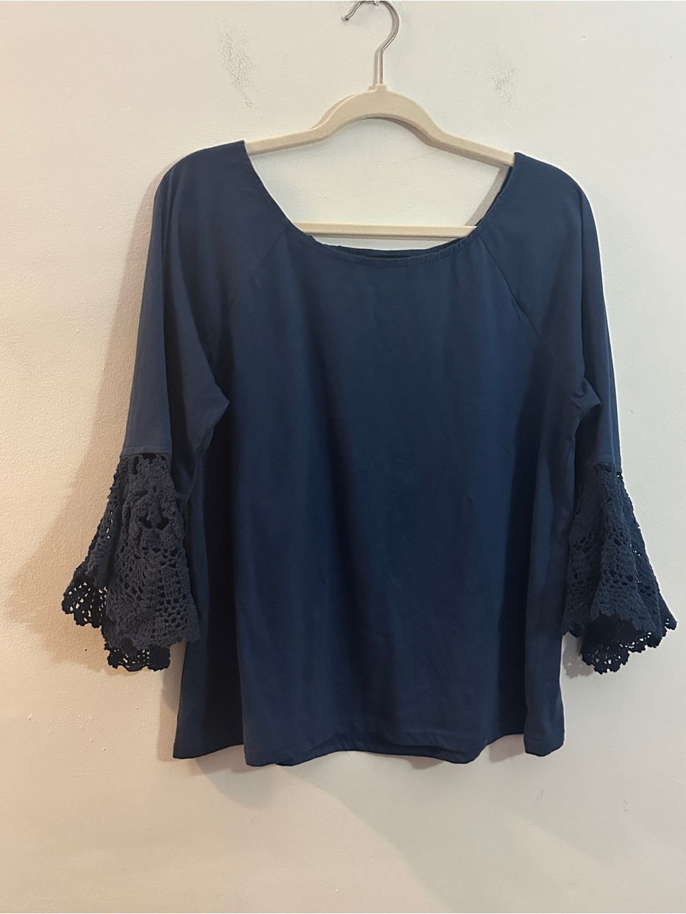 Melissa Paige Navy Crochet Bell-Sleeve Blouse
